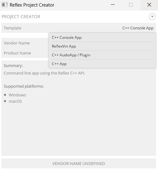 Project template selection dropdown
